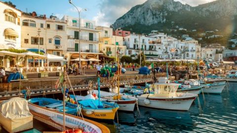 Colorful boats docked at a lively harbor with buildings and lush hills in the background.